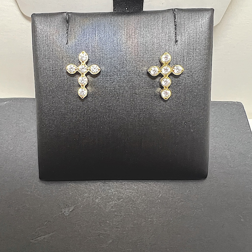 18k Gold Cross CZ Earring Studs - Picture 3 of 4